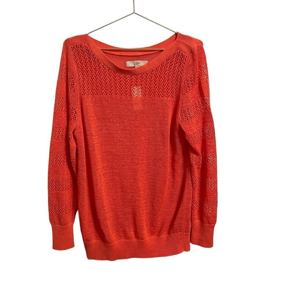 LOFT Coral‎ Orange Open Knit Crochet Yoke Pullover Sweater XL NEW